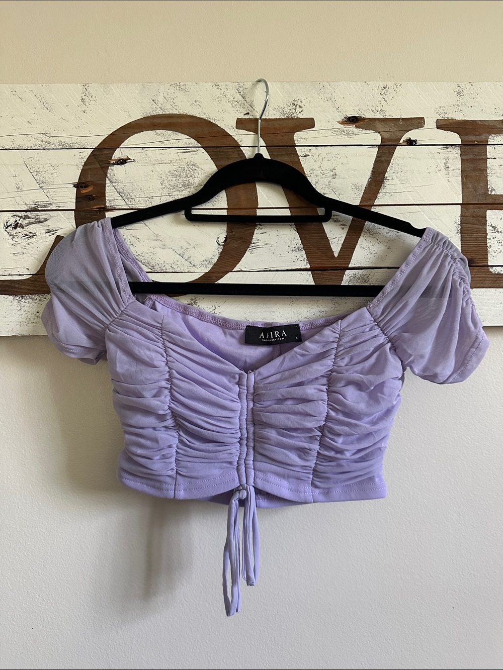 AKIRA Lavender Ruched Puff Sleeve Crop Top - Picture 1 of 1